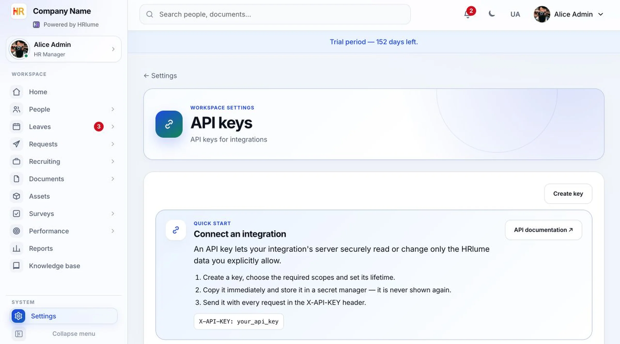 HRlume scoped API key administration