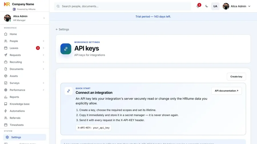 HRlume API key settings