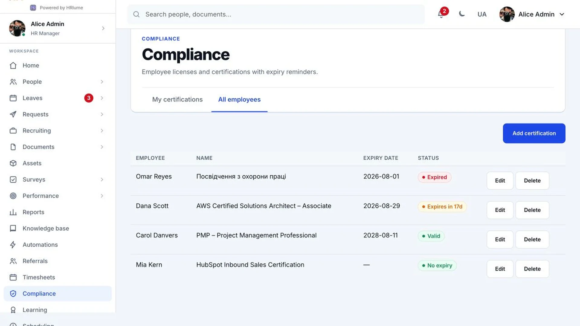 HRlume employee certification register with expiry status