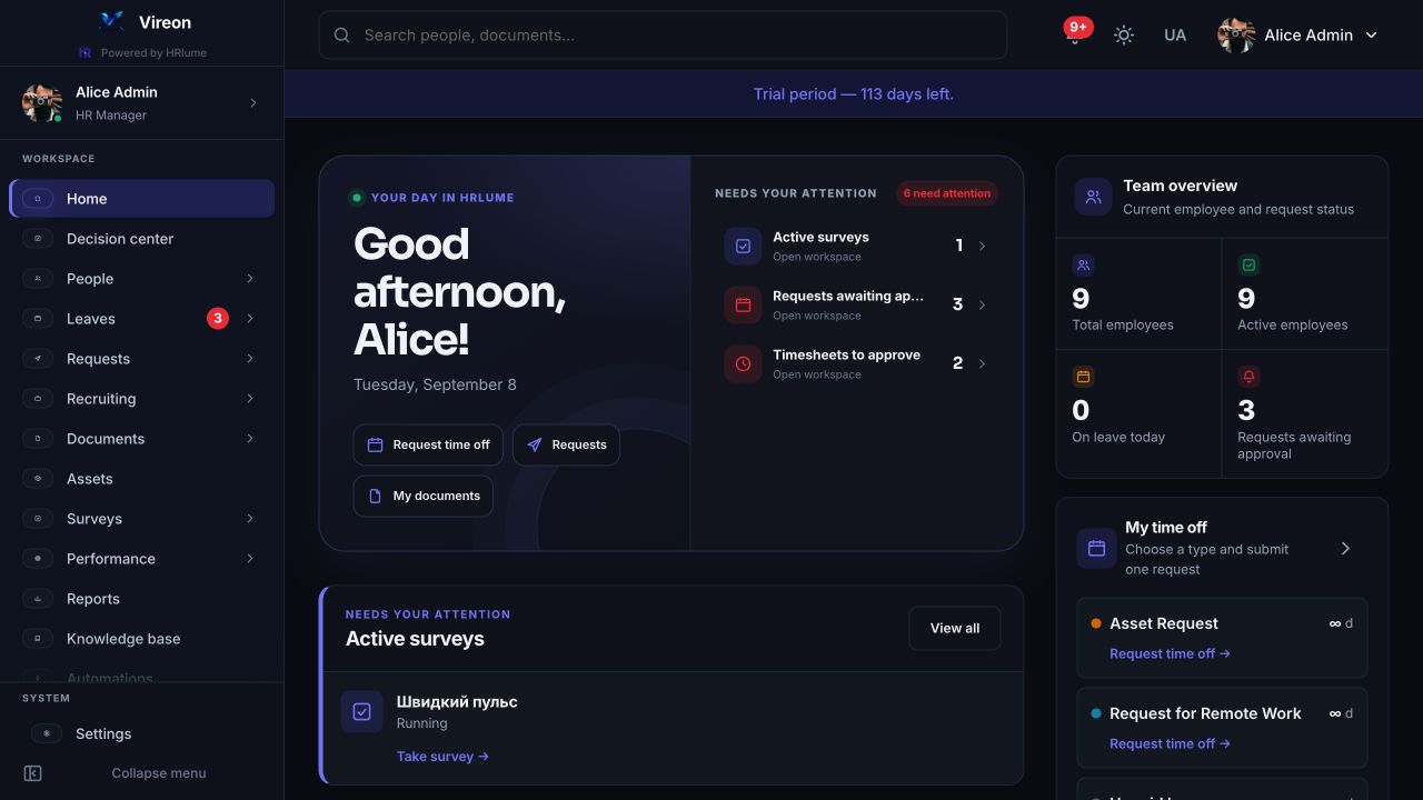HRlume dashboard — announcements, headcount stats and team mood at a glance