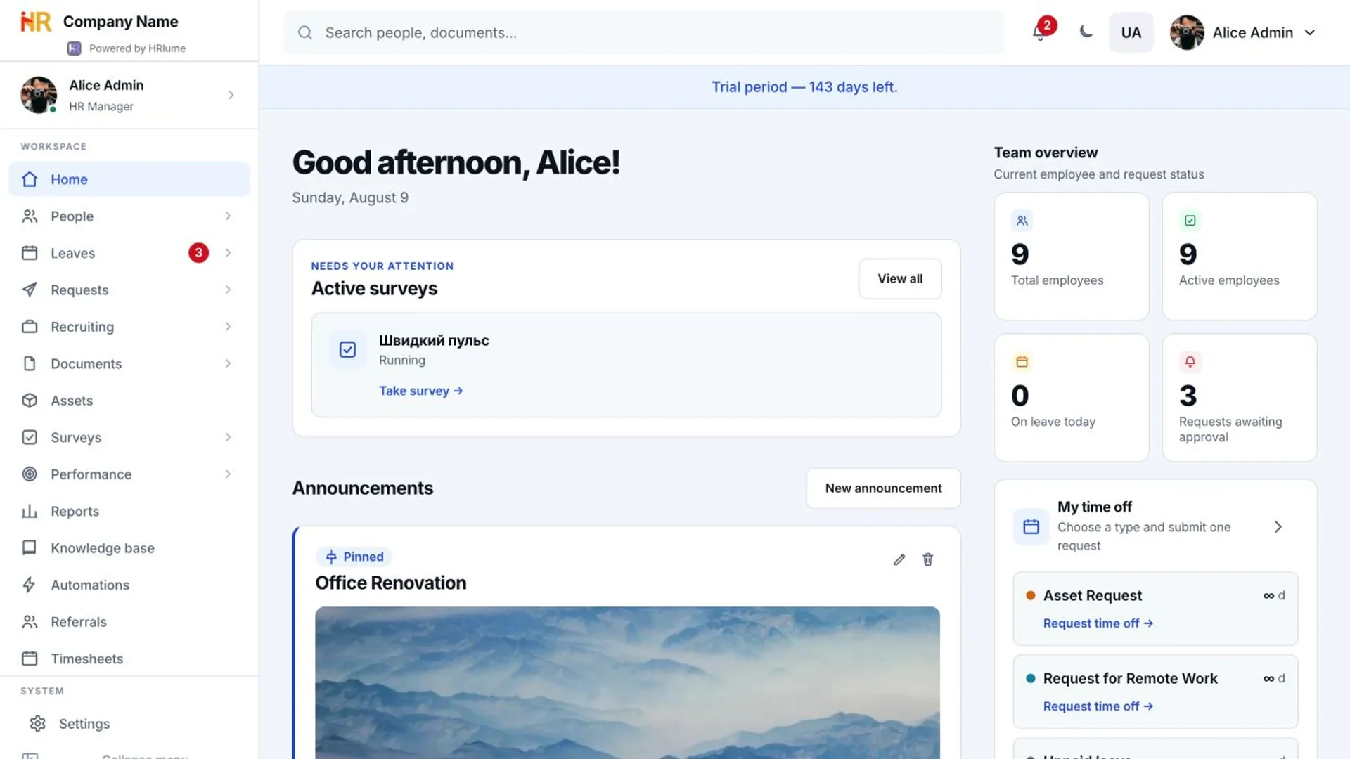 HRlume dashboard — announcements, headcount stats and team mood at a glance