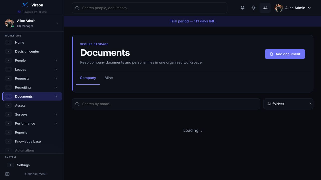 HRlume document library with company policies and handbooks