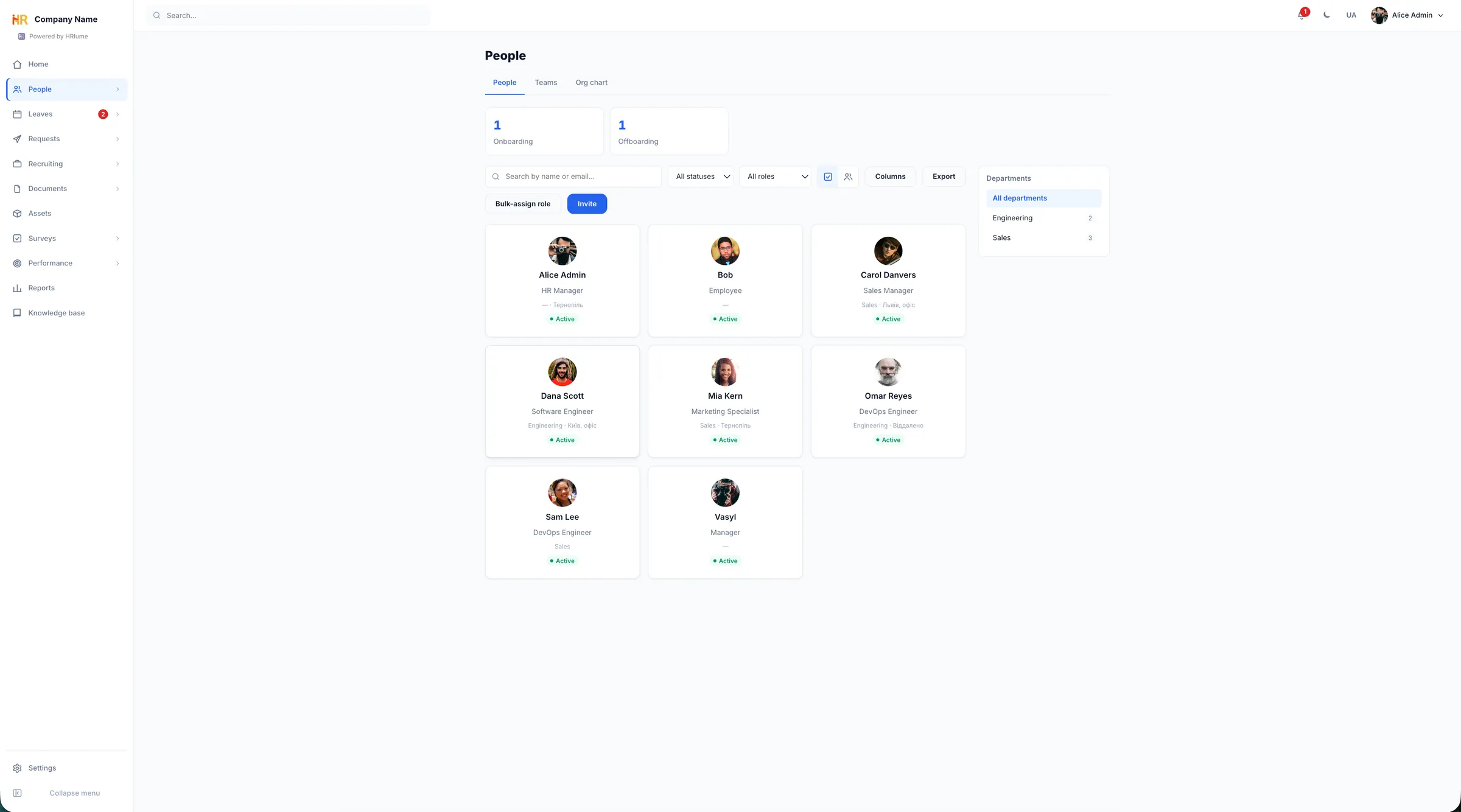 HRlume employee directory grouped by department