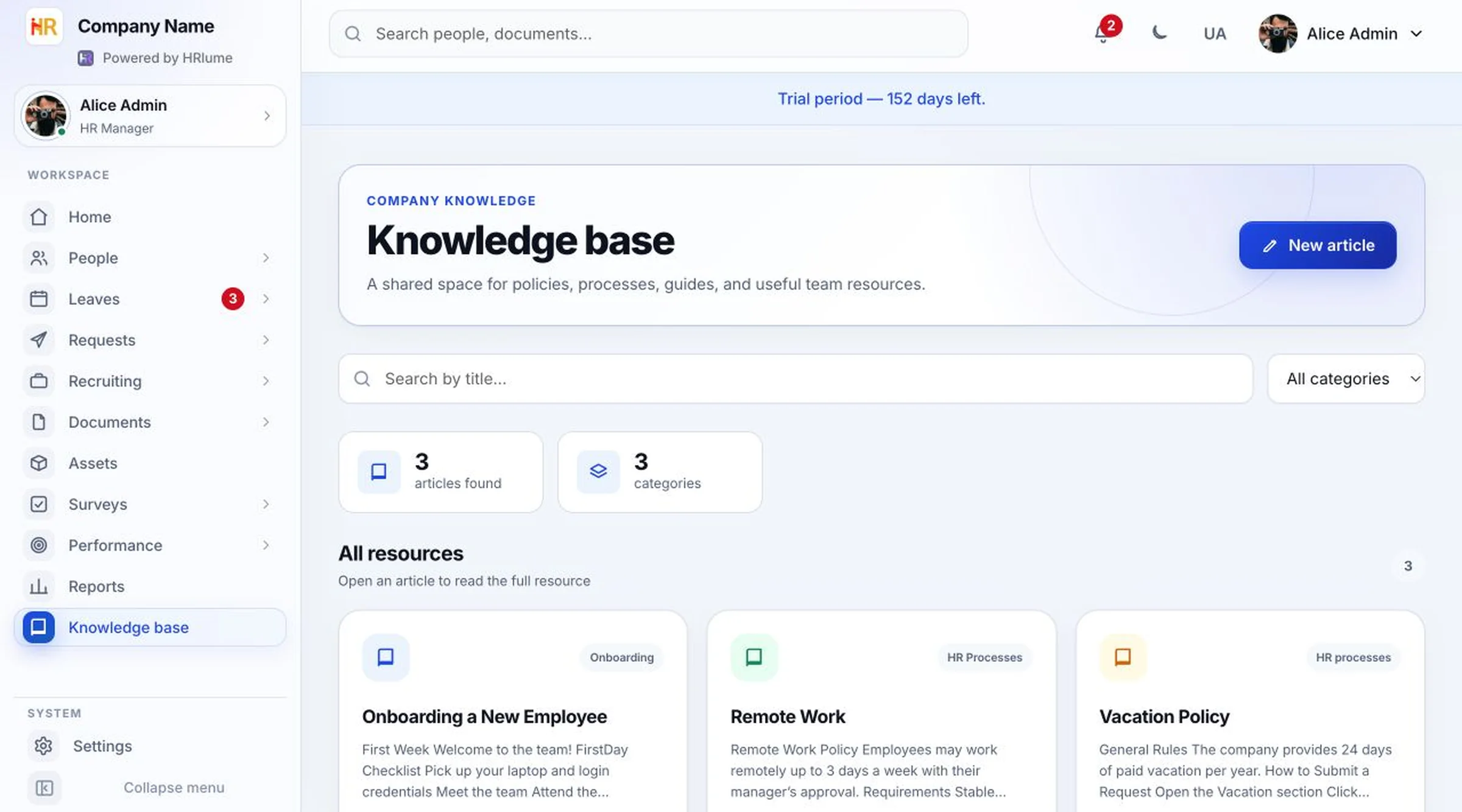 HRlume searchable HR knowledge base and company wiki