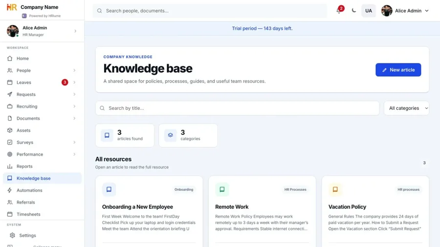 HRlume knowledge base