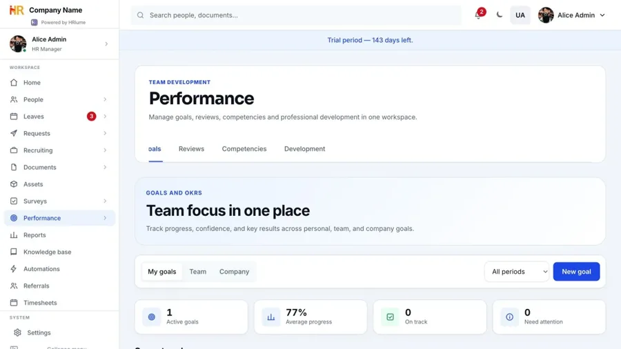 HRlume goals and performance workspace