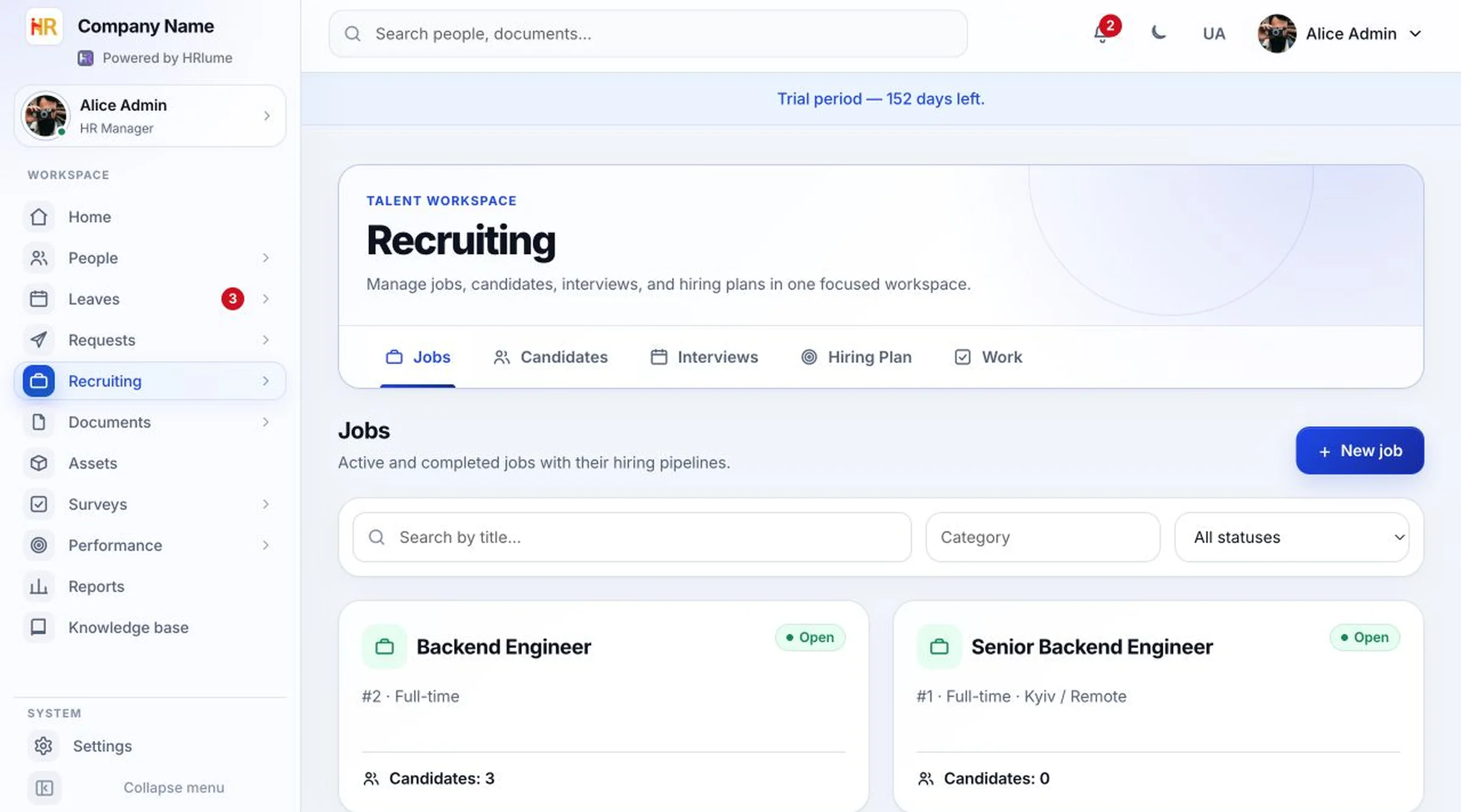 HRlume vacancy management connected to a public career site