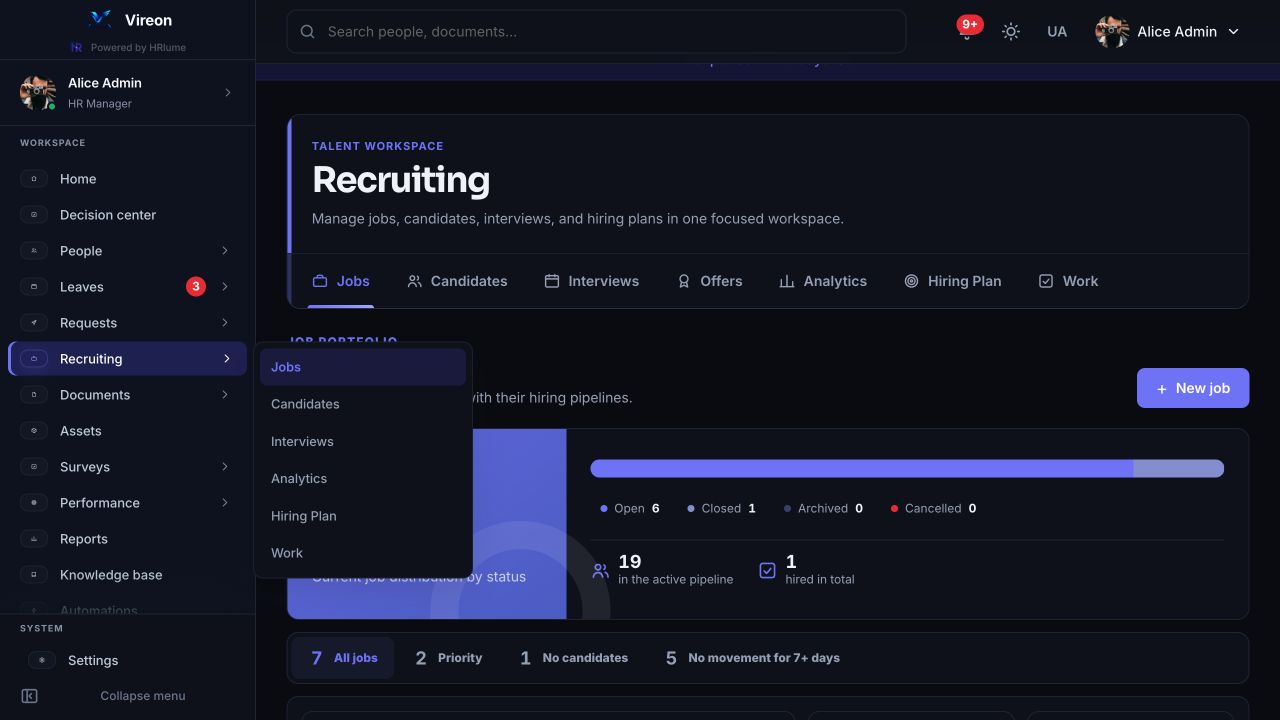 HRlume recruiting — visual candidate pipeline for an open vacancy
