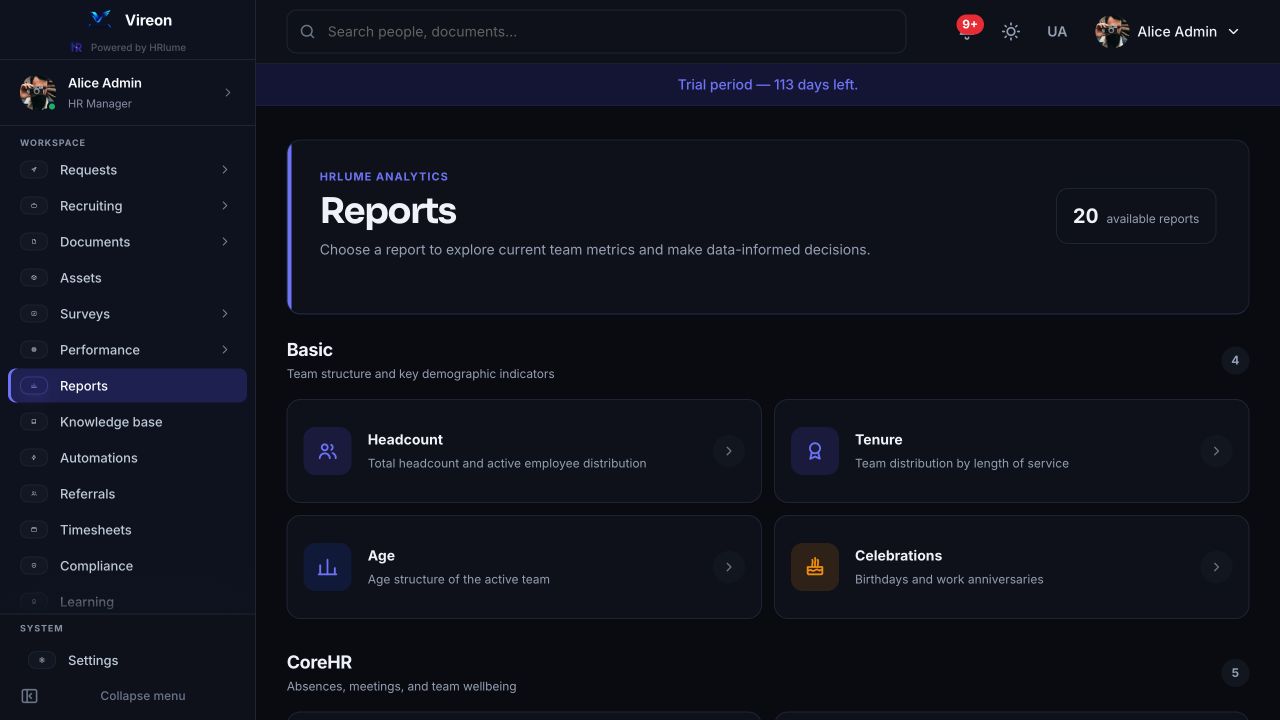 HRlume headcount report with workforce metrics and department distribution