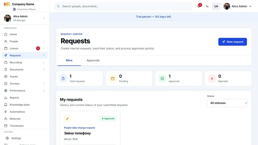 HRlume employee requests workspace