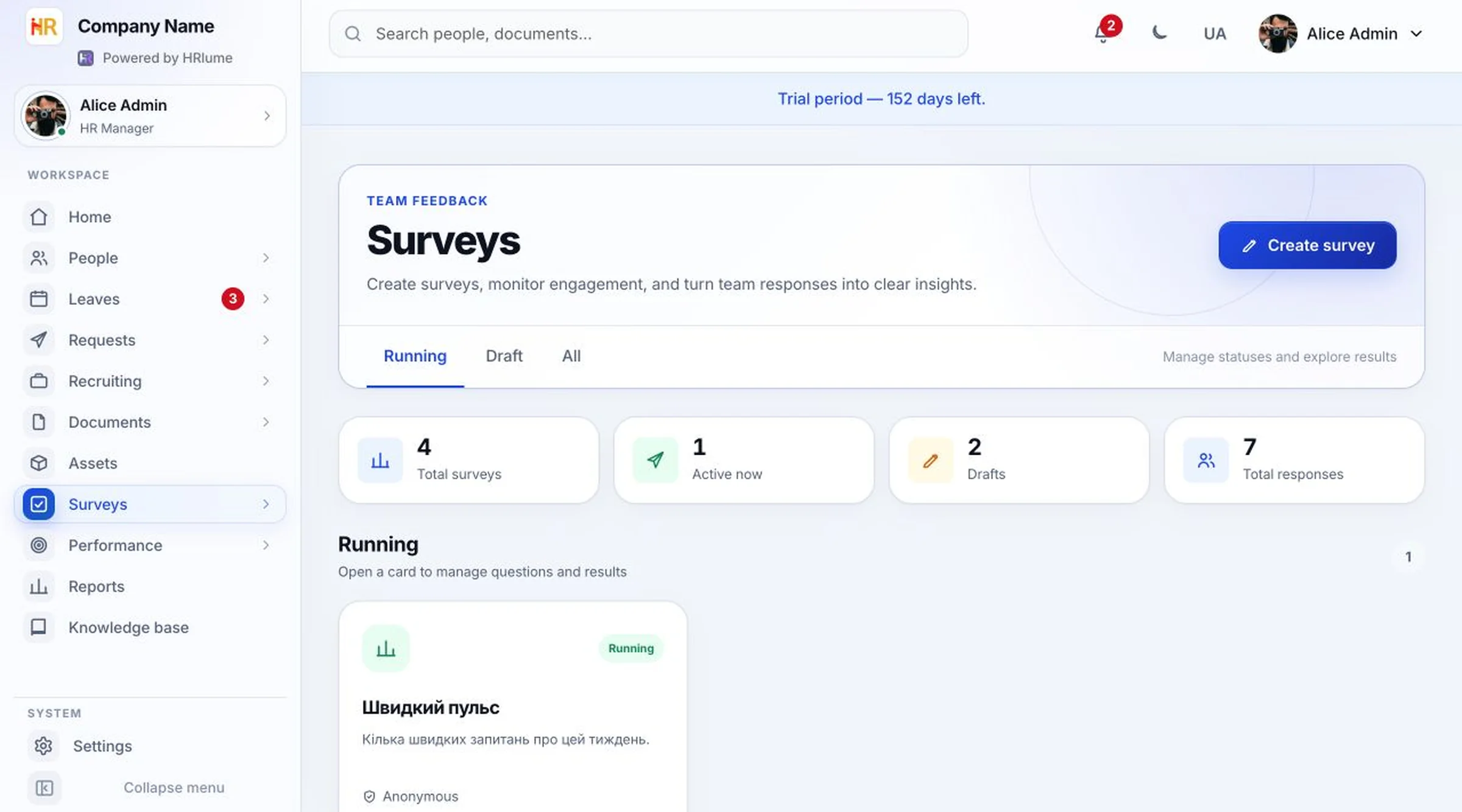HRlume employee surveys and pulse workspace