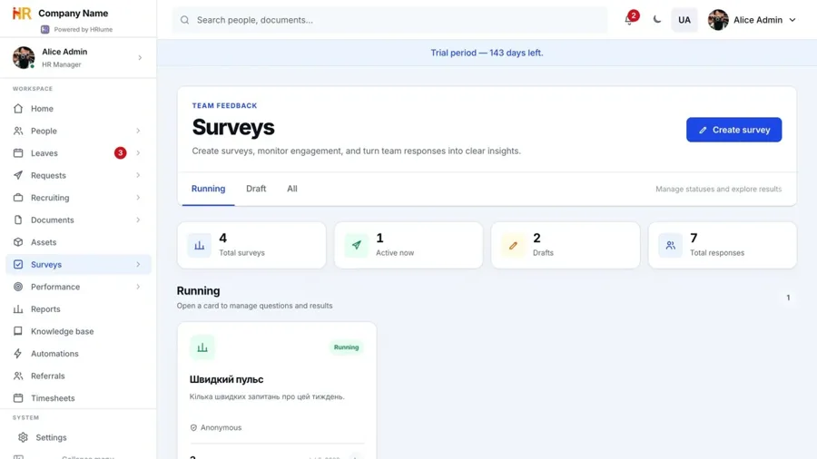 HRlume surveys workspace