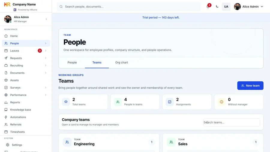 HRlume teams workspace
