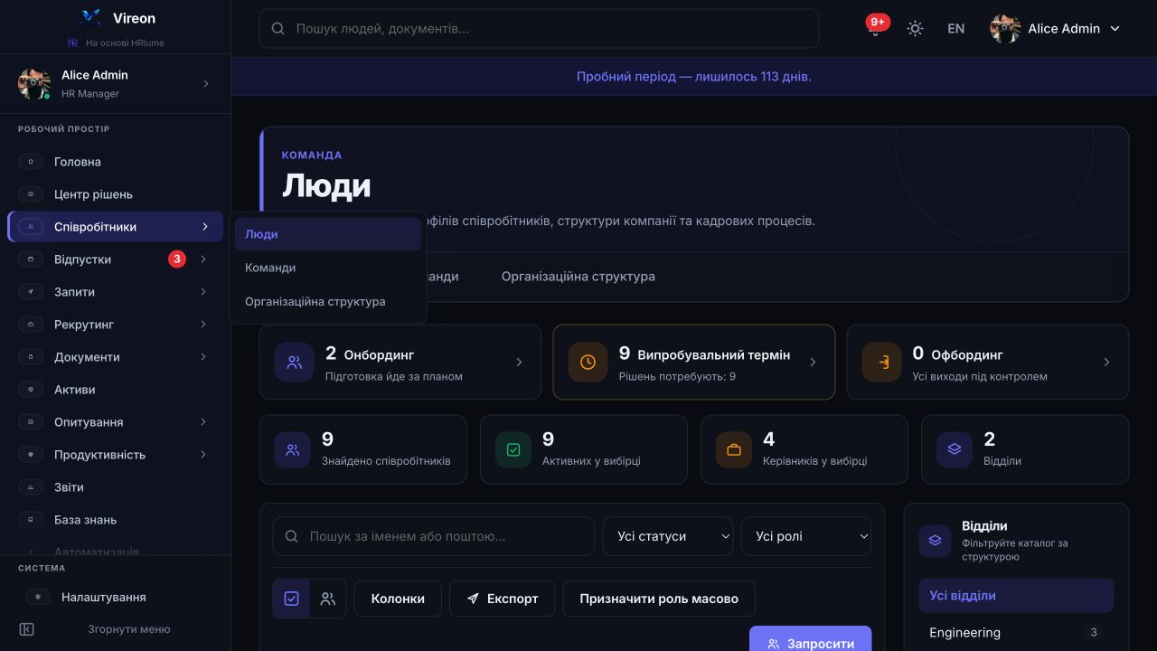 Каталог співробітників HRlume — члени команди згруповані за відділами