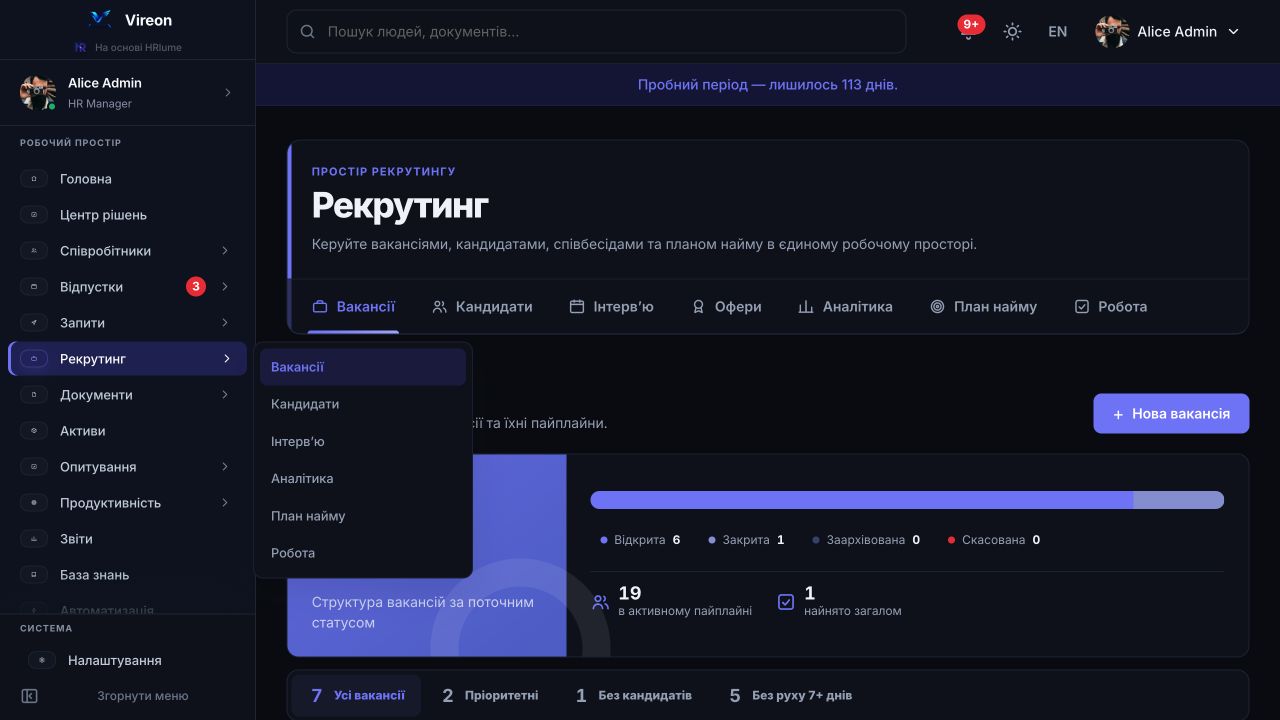 Рекрутинг HRlume — візуальна воронка кандидатів для відкритої вакансії